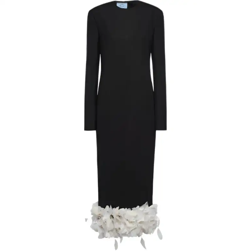 PRADA Floral-appliqué Wool Midi Dress