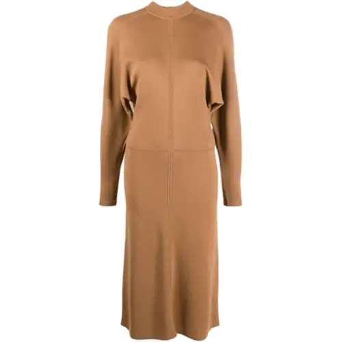 SAINT LAURENT Long Sleeved Dresses Women's Brown Crew Neck Moderate