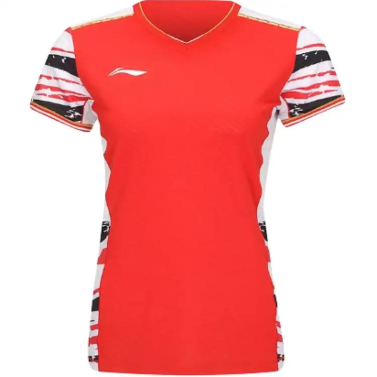 Li Ning T Shirts Women's Vermilion V Neck Moderate Straight Fit