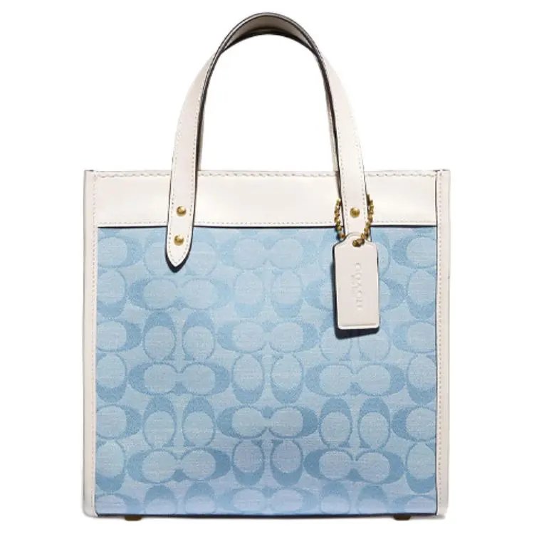 COACH Field Chambray With Leather Tote Crossbody Handbag Small Women's Blue White