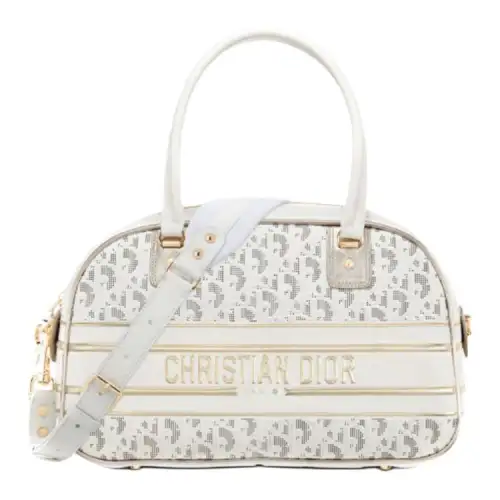 DIOR Cow Leather Bowling Bags Gym Bag One Shoulder Crossbody Travel Bag Handbag Medium Women's White/Gold