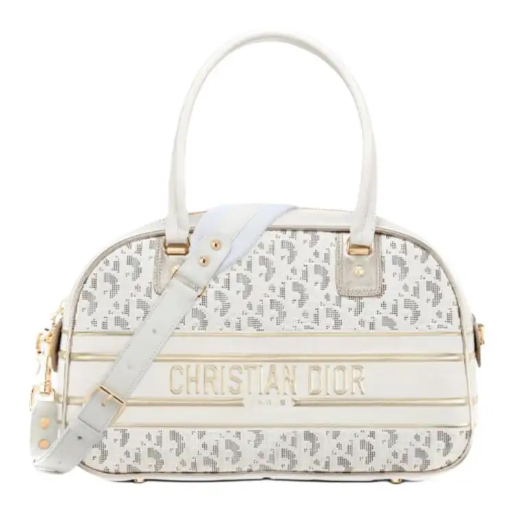 DIOR Cow Leather Bowling Bags Gym Bag One Shoulder Crossbody Travel Bag Handbag Medium Women's White/Gold