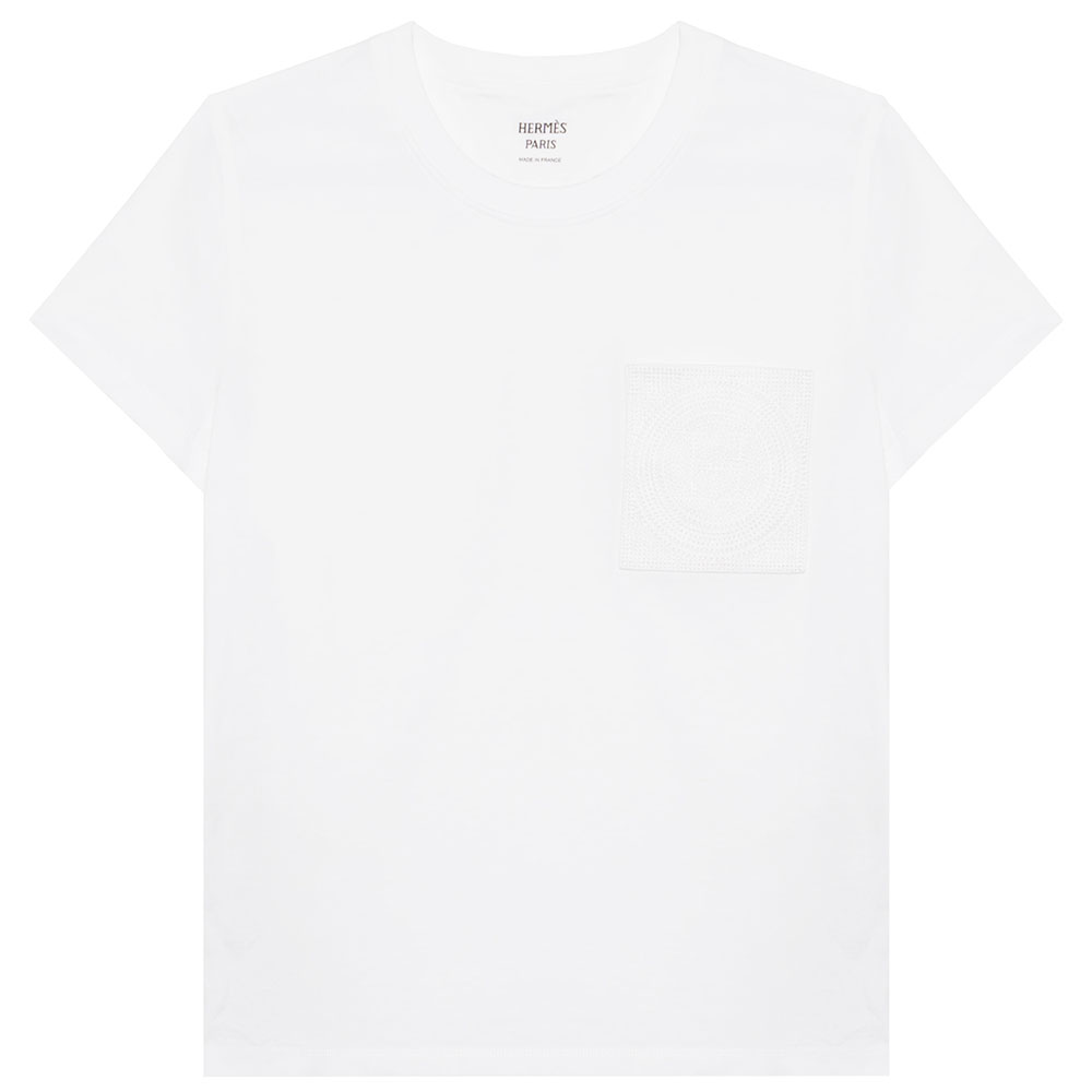 HERMES Hermès FW23 solid color chest pocket embroidered T-shirt women's white