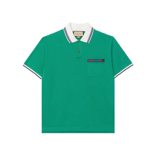 GUCCI Polo Shirts Men's Green Polo Collar Moderate Straight Fit
