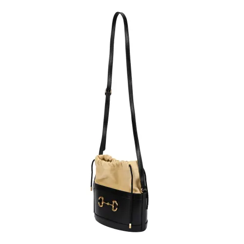 GUCCI Horsebit 1955 Leather Bucket Bag, Shoulder Bag, Crossbody Bag Women's Black/Beige