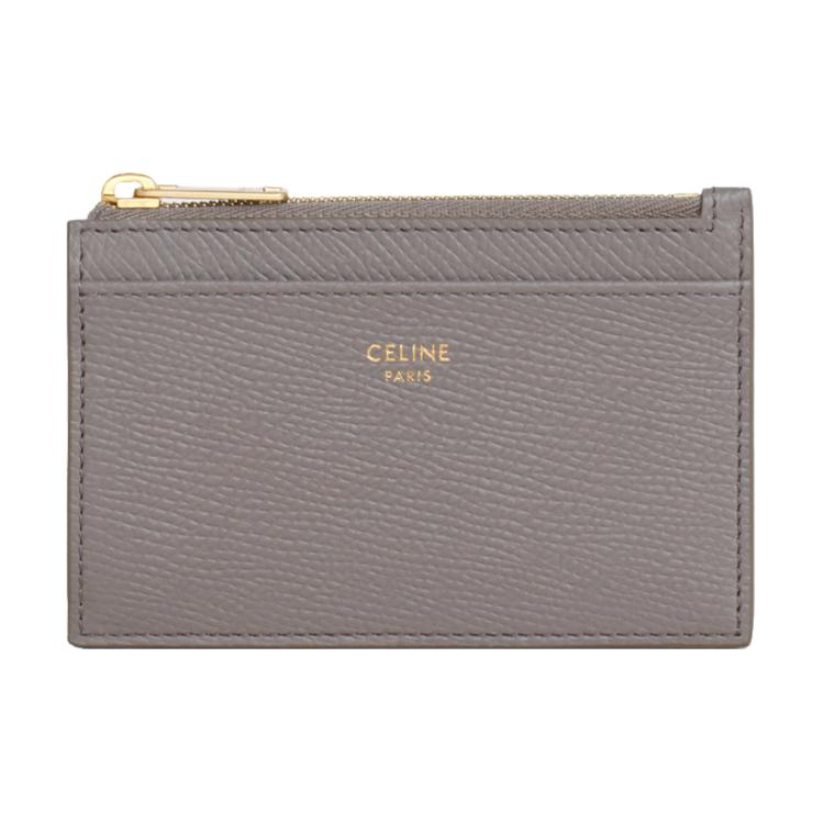 CELINE Zip Closure Cow Leather Card Holder Women's