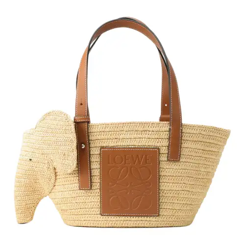 LOEWE Elephant Basket Bag In Raffia And Calfskin Small Natural/Tan