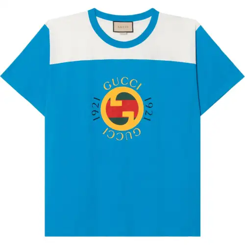 GUCCI T Shirts Men's Light Blue Crew Neck Moderate Straight Fit