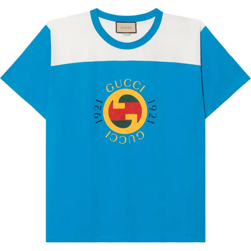 GUCCI T Shirts Men's Light Blue Crew Neck Moderate Straight Fit