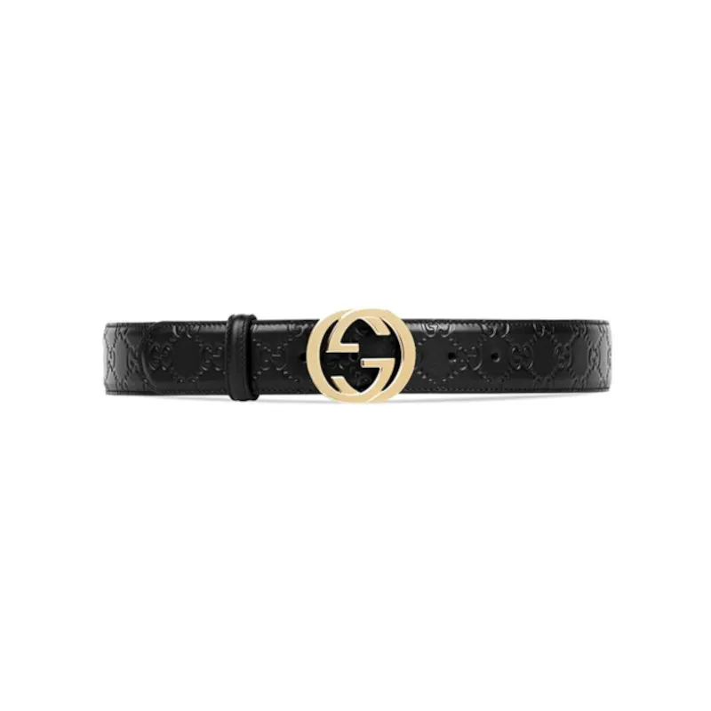 GUCCI Interlocking G Leather Belts Men's Black Width 3cm