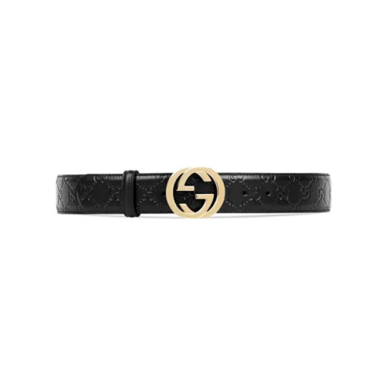 GUCCI Interlocking G Leather Belts Men's Black Width 3cm
