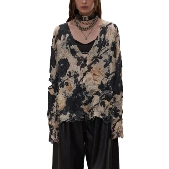 R13 Knitwear Women's Black Cream White Floral V Neck Moderate Cardigan
