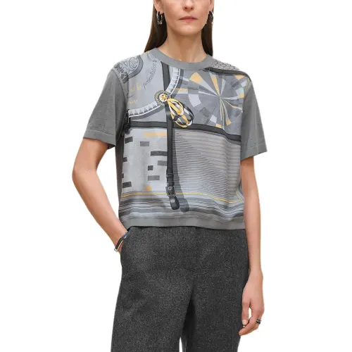 HERMES T Shirts Women's Gray Crew Neck Moderate Straight Fit