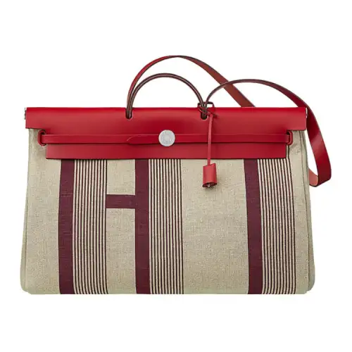 HERMES Herbag Zip Stripes Canvas Handbag Shoulder Bag Crossbody Bag Women's Natural/Red