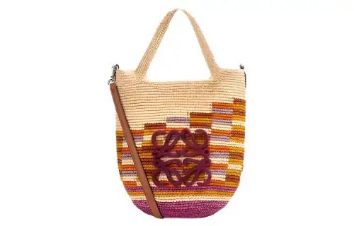 LOEWE Anagram Raffia Fiber One Shoulder Handbag Mini Women's Beige/Fuchsia