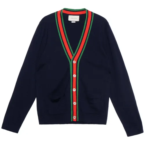 GUCCI Sweaters Men's Dark Blue V Neck Moderate Cardigan