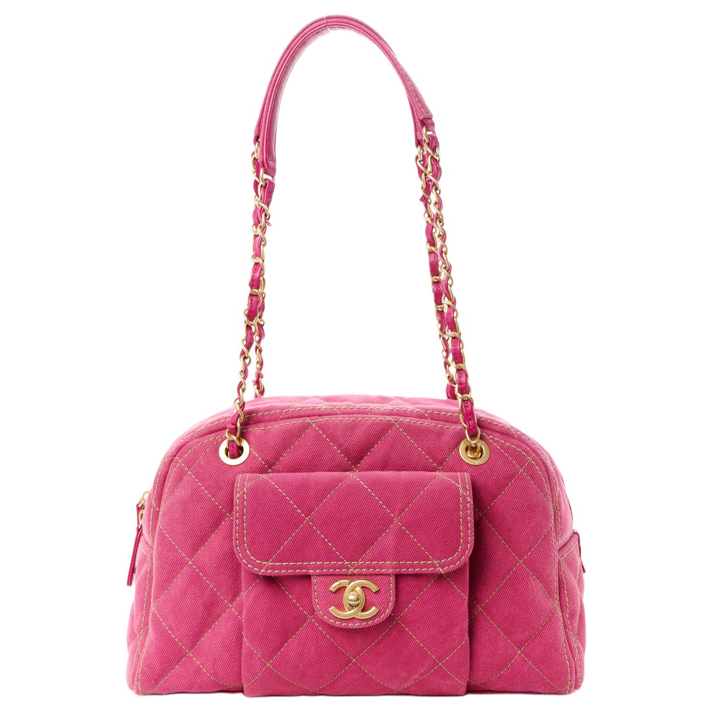 CHANEL Denim One Shoulder Handbag Large Women's Fuchsia