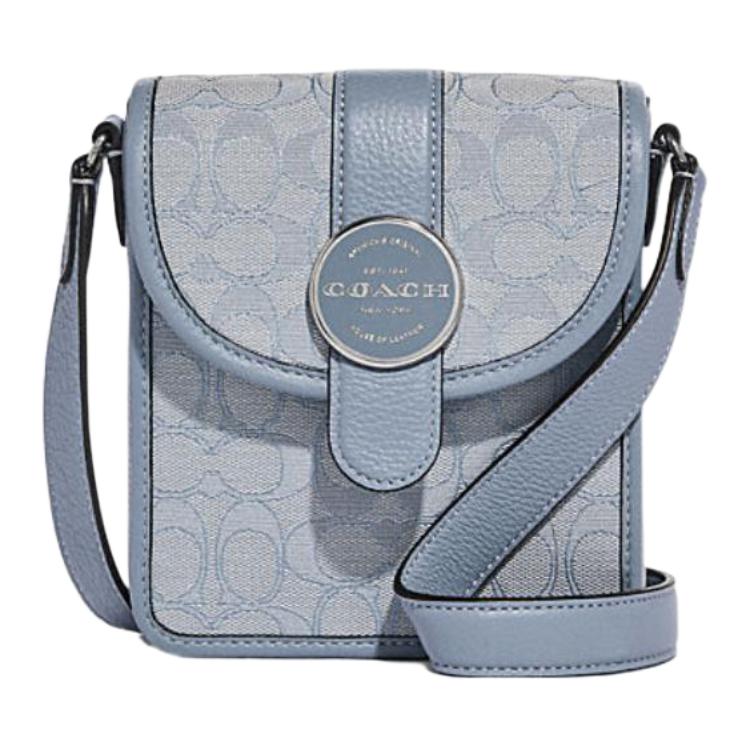 COACH Coach N/S 15 Simple Icon Jacquard with Exquisite Pebbled Leather Shoulder Crossbody Bag Small Women's Silver with Marble Blue Denim Morandi Color