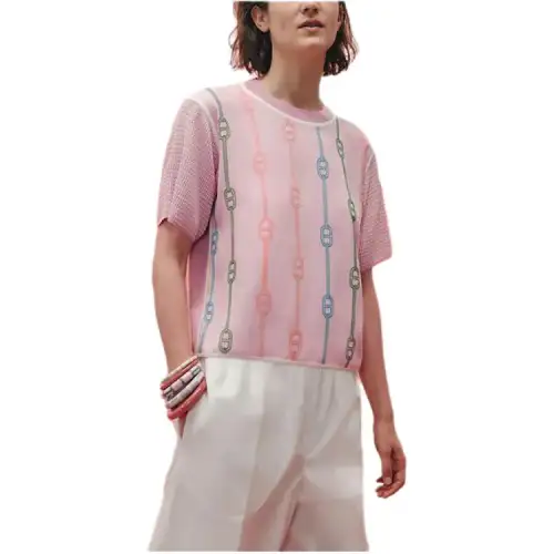 HERMES T Shirts Women's Pink Crew Neck Moderate Straight Fit