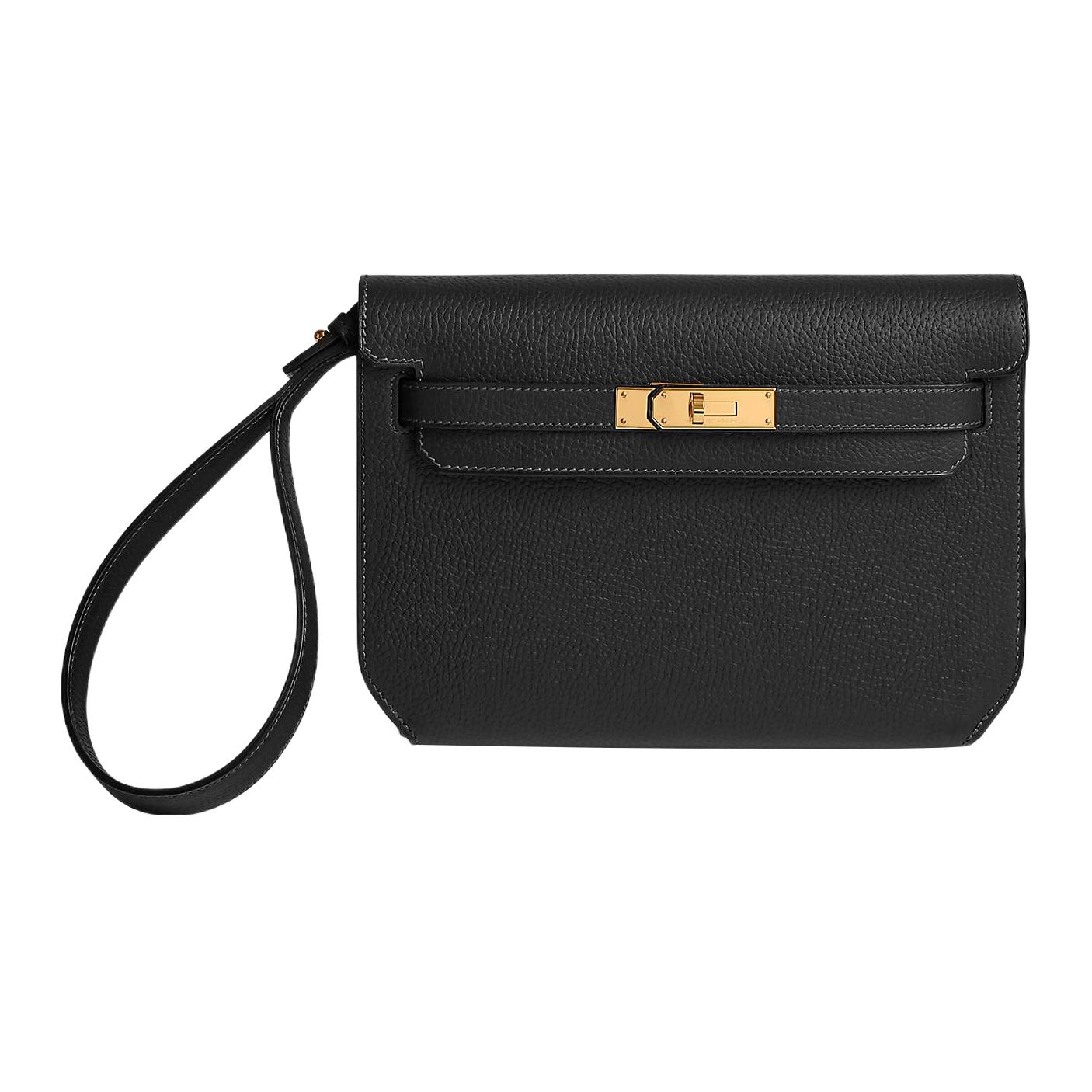 HERMES Kelly Depeches Cow Leather Clutch Men's Noir Black