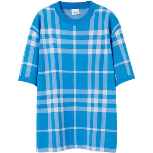 Burberry Plaid Jacquard Crew Neck Loose Fit Short Sleeved SS23 T Shirt Men's Vivid Blue