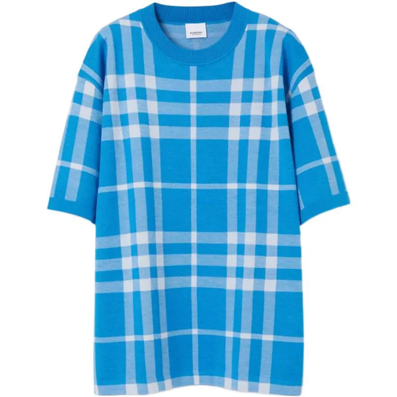 Burberry Plaid Jacquard Crew Neck Loose Fit Short Sleeved SS23 T Shirt Men's Vivid Blue