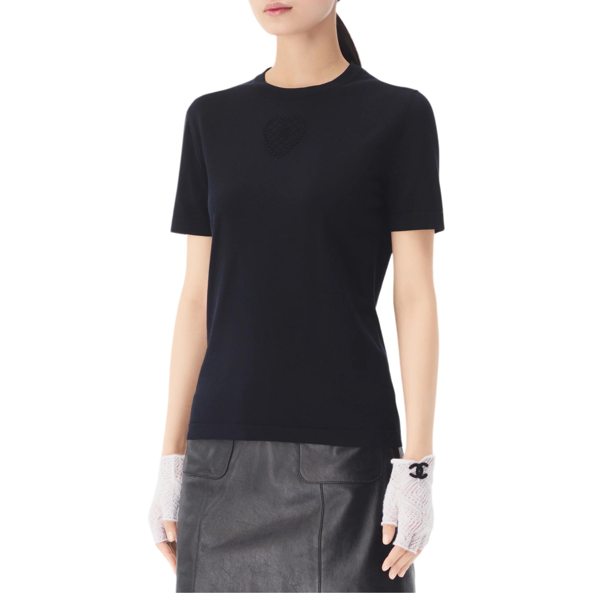 CHANEL T Shirts Women's Black Crew Neck Moderate Straight Fit