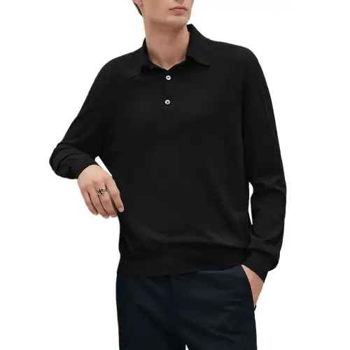 HERMES Polo Shirts Men's Black Polo Collar Moderate Straight Fit