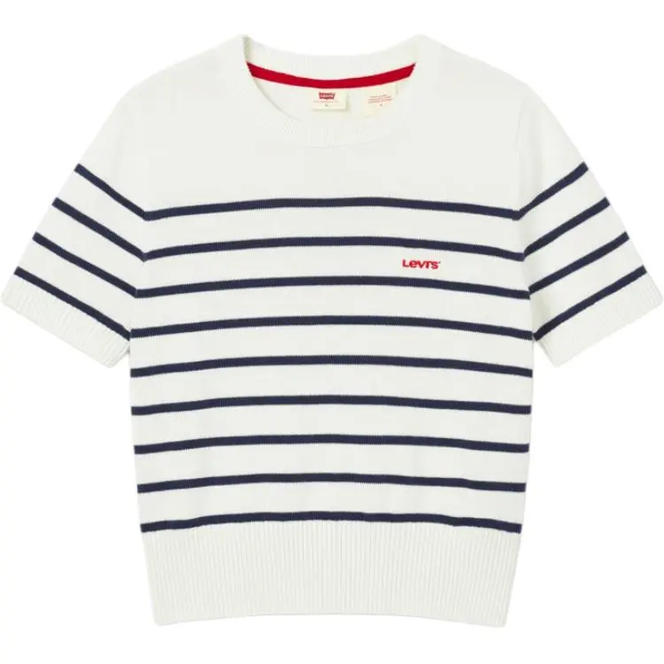 Levi's T-Shirts Women's Blue White Stripes Crew Neck Moderate