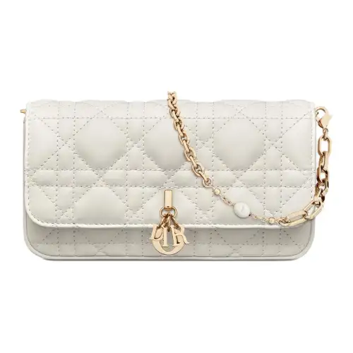 DIOR Lady Dior Wicker Pattern Sheepskin Clutch Shoulder Bag, Crossbody Bag, Cell Phone Pouch Women's White