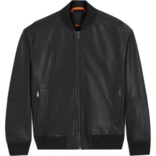 HUGO BOSS Leather Jackets Men's Black Baseball Collar Moderate