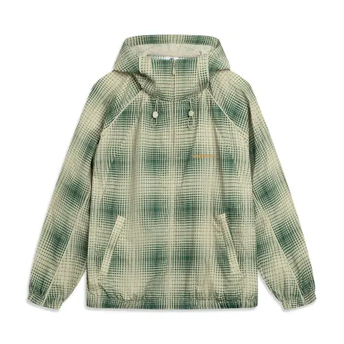 LiNing Li Ning basketball series is indispensable. Simple, comfortable and versatile hooded loose all-over printed sports windbreaker. Men's style. Eden green/foam khaki checkered.