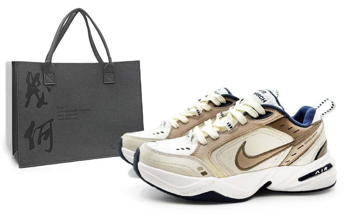 Nike Air Monarch 4 White Navy Textile, Leather Abrasion Resistant Low top Chunky Sneakers Men's Beige Brown