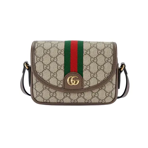 GUCCI Ophidia Canvas With Leather Binding Messenger Bag, Crossbody Bag, Shoulder Bag Mini Women's Beige & Ebony