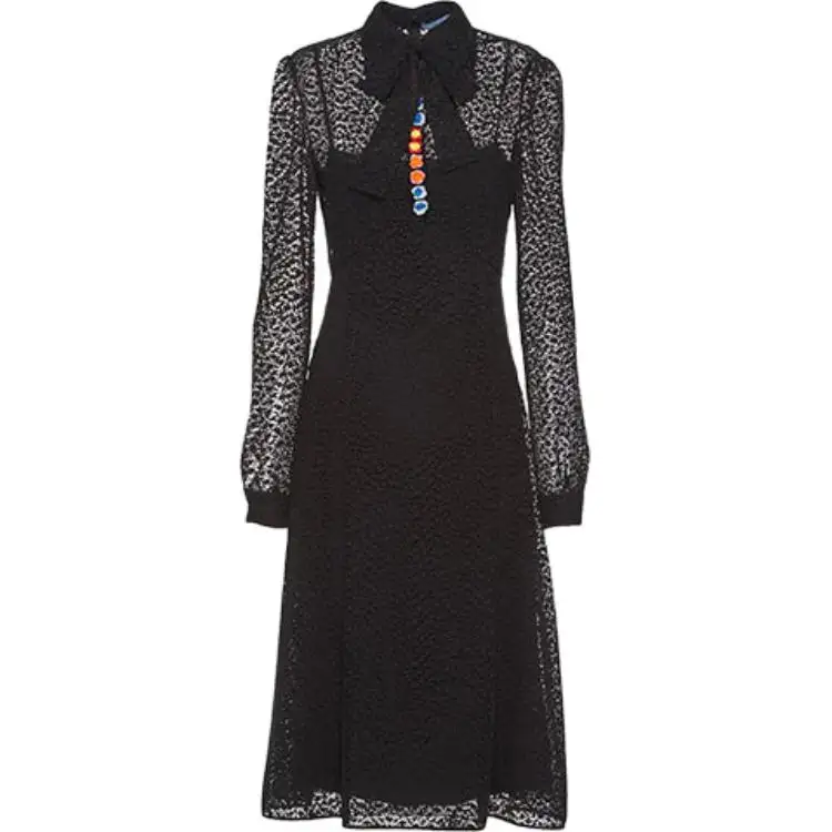 PRADA Long Sleeved Dresses Women's Black Lapel Moderate Mid Length