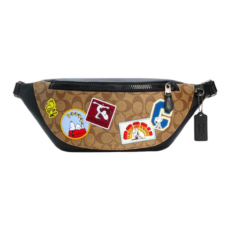 COACH Peanuts Snoopy Collaboration Warren Canvas With Leather Fanny Pack Large Men's Khaki Monogram & Black
