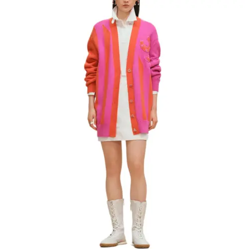 HERMES Knitwear Women's Rose Cherry Blossom V Neck Moderate Cardigan