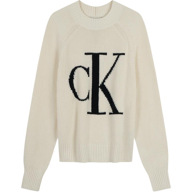 CALVIN KLEIN Jeans fashionable and cool solid color trendy Van Barn style casual large letter jacquard pure cotton loose round neck versatile classic texture sweater for women with gift box