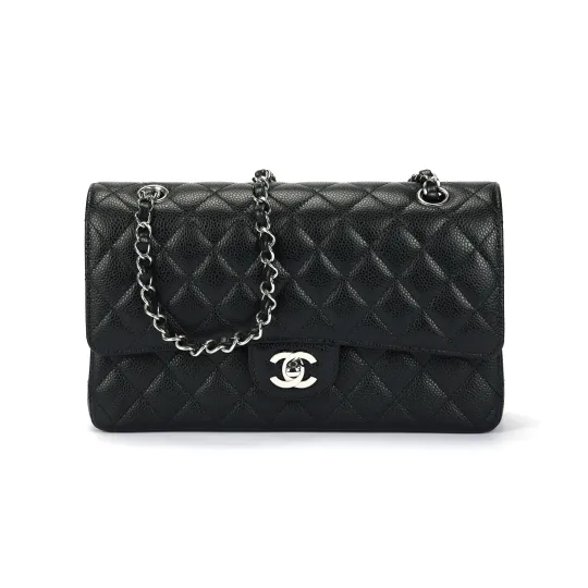 CHANEL Chanel Classic Flap CF классическая кожаная цепочка с серебряной пряжкой и цепочкой на плечо, сумка через плечо из яловой кожи с тиснением, сумка через плечо, сумка через плечо, женская сумка среднего размера, черная