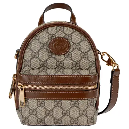 GUCCI Canvas With Leather Backpack Men's Beige/Brown
