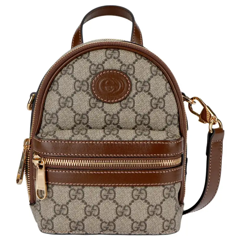 GUCCI Canvas With Leather Backpack Men's Beige/Brown