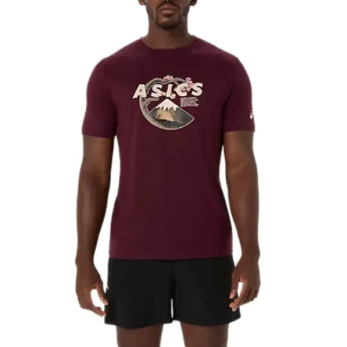 ASICS T Shirts Men's Dark Red Crew Neck