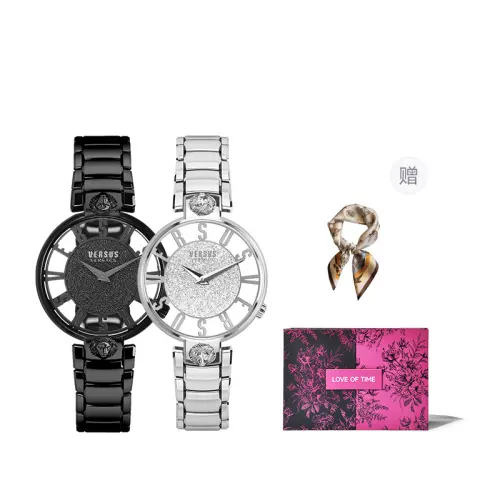 VERSUS Versace/Versace hollow starry lucky five-pointed star watch quartz movement stainless steel leather strap 38 black dial same style for men and women European and American couple watch VSP491619+VSP491319