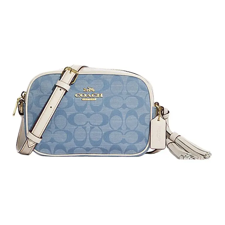 COACH Camera Chambray Plain Weave And Smooth Cow Leather Crossbody Bags Mini Women's Blue & White