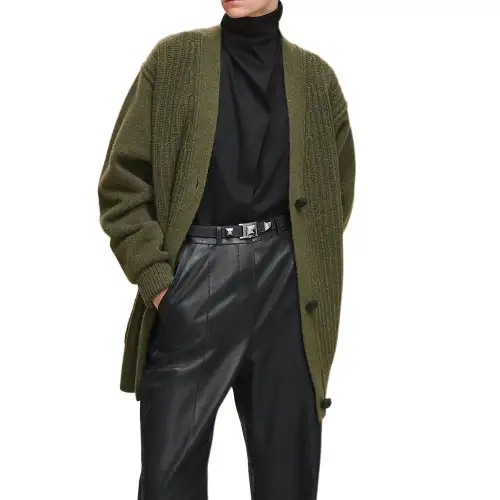 HERMES Sweaters Women's Green V Neck Thickened Cardigan