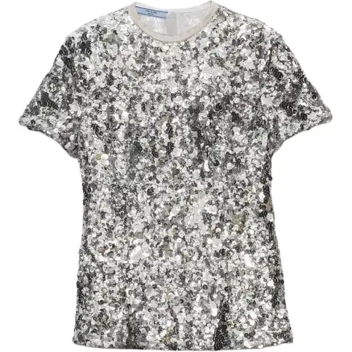 PRADA T Shirts Women's Silver Crew Neck Moderate Straight Fit