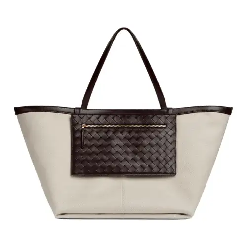 Bottega Veneta Canvas Bag, Tote Bag, Shopping Bag, Handbag Large Women's White/Dark Brown