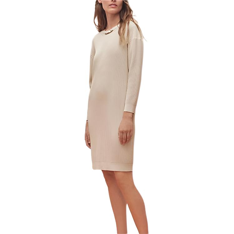 HERMES Long Sleeved Dresses Women's Ecru Crew Neck Moderate Mid Length
