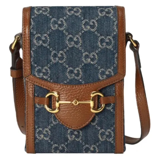GUCCI Horsebit 1955 Logo Denim Mini Phone Bag Box Shoulder Bag Blue/Brown