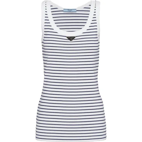 PRADA Tank Tops Women's White Blue Crew Neck Moderate Straight Fit